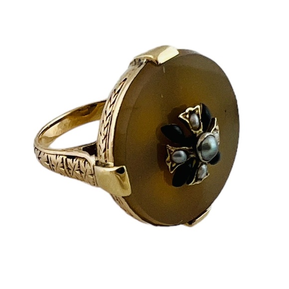 Vintage 14K Yellow Gold Round Black Onyx Seed Pearl Ring #16001 - Picture 5 of 11